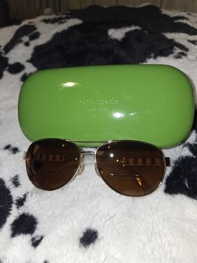 kate spade Gold-Tone Aviator Sunglasses with Brown Lenses and Green Case